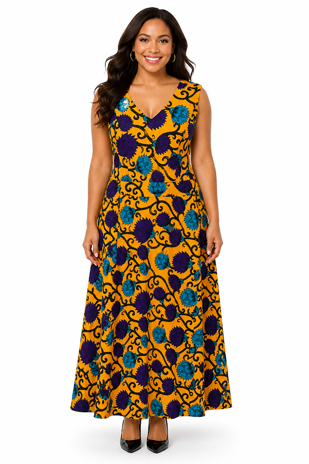 Elegant Bright Colors Long Dress Short Sleeved Made in Tanzania for Special Ocassion - Size M to L