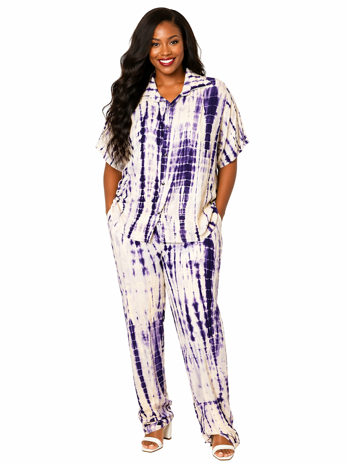 African One-of-A-kind Handmade Viscose Batik Pants Set from Tanzania. Size L-XL2