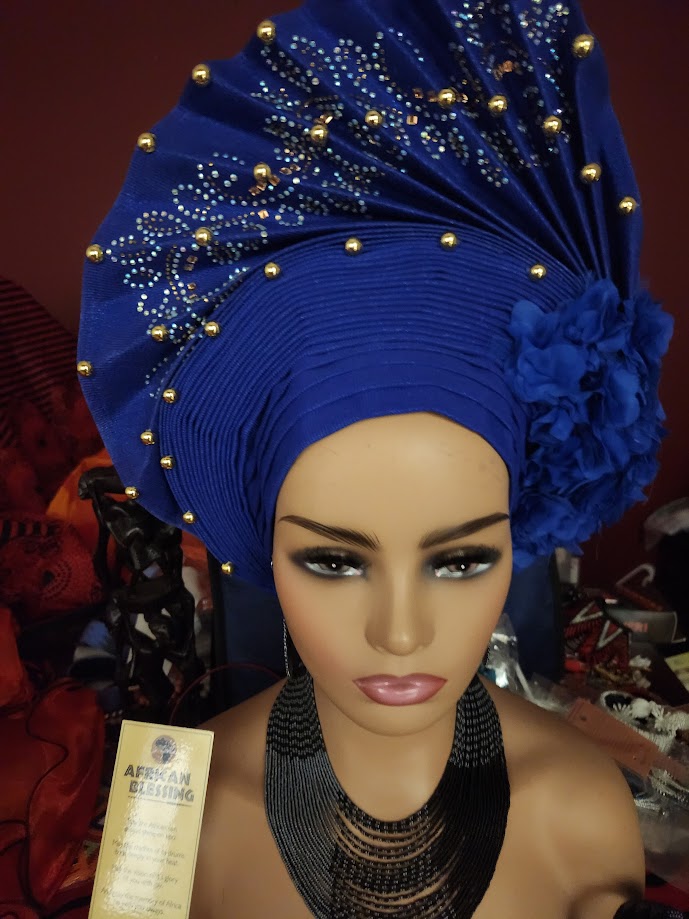 Nigerian Gele - Royal Blue with Gold Ornaments