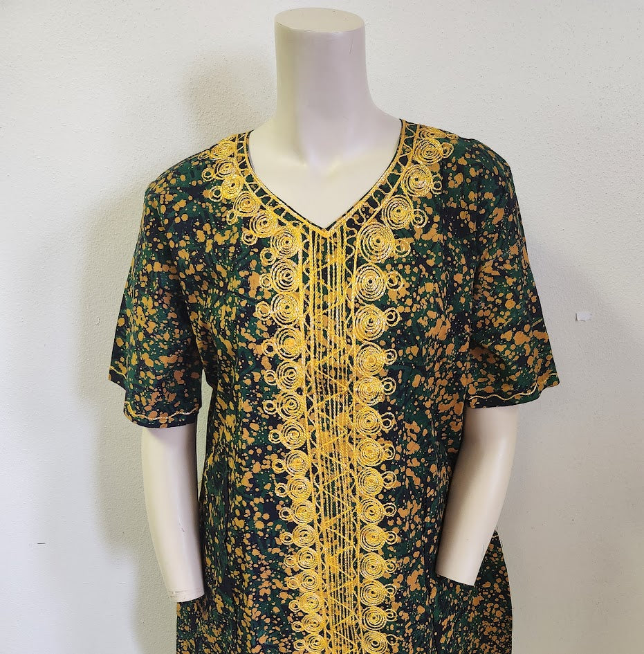 Handprinted, Embroidered Free Size Dress from Dar-Es-Salaam, Tanzania, East Africa. Price includes Postage