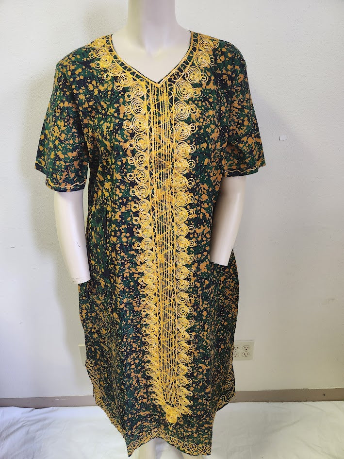 Handprinted, Embroidered Free Size Dress from Dar-Es-Salaam, Tanzania, East Africa. Price includes Postage