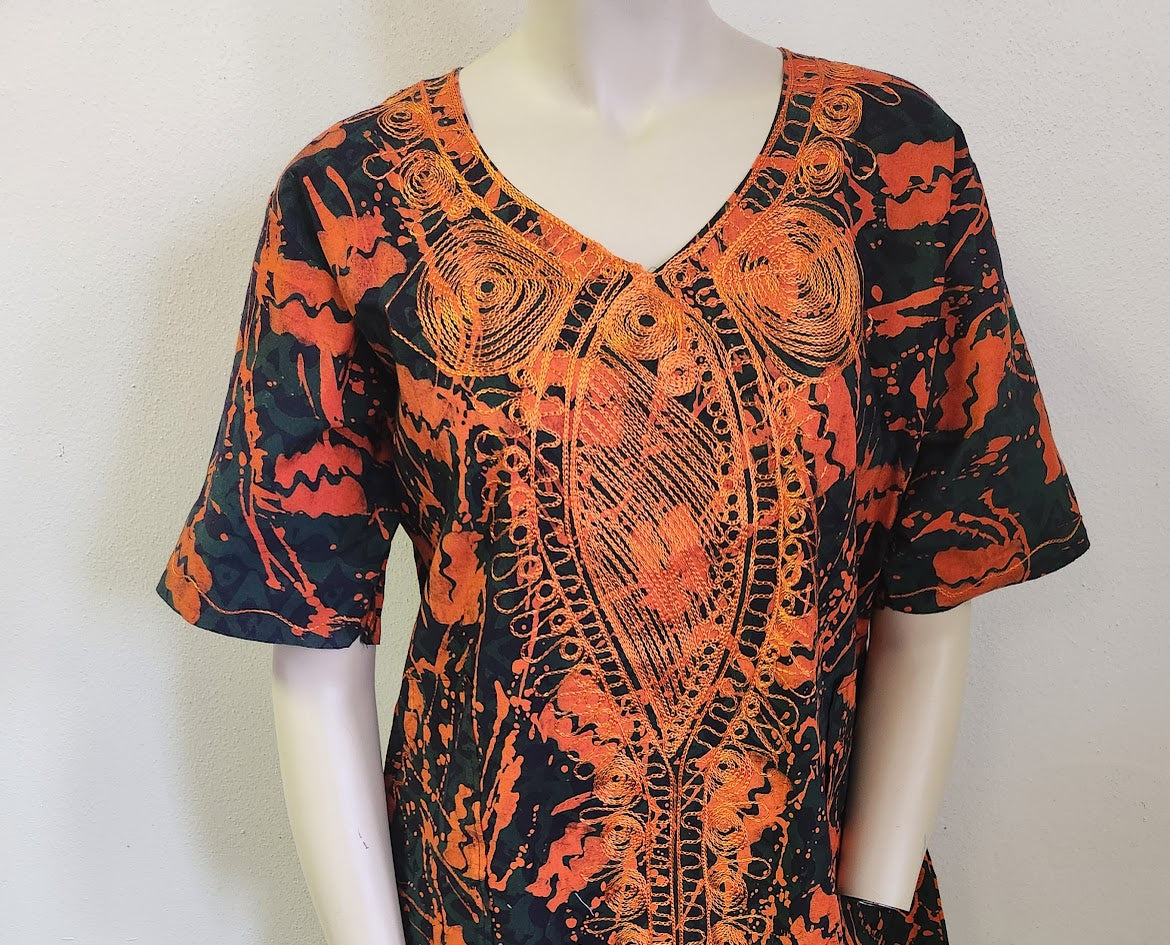 Handprinted, Embroidered Free Size Dress from Dar-Es-Salaam, Tanzania, East Africa. Price includes Postage