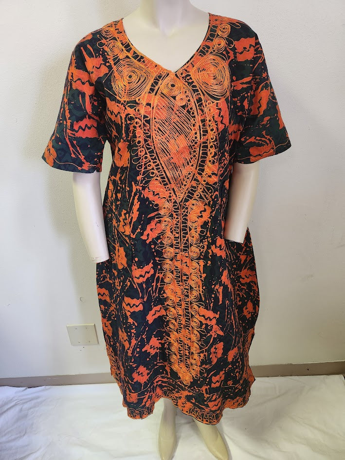 Handprinted, Embroidered Free Size Dress from Dar-Es-Salaam, Tanzania, East Africa. Price includes Postage