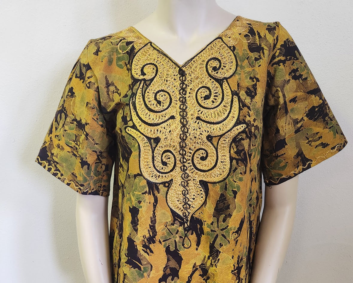Handprinted, Embroidered Free Size Dress from Dar-Es-Salaam, Tanzania, East Africa. Price includes Postage