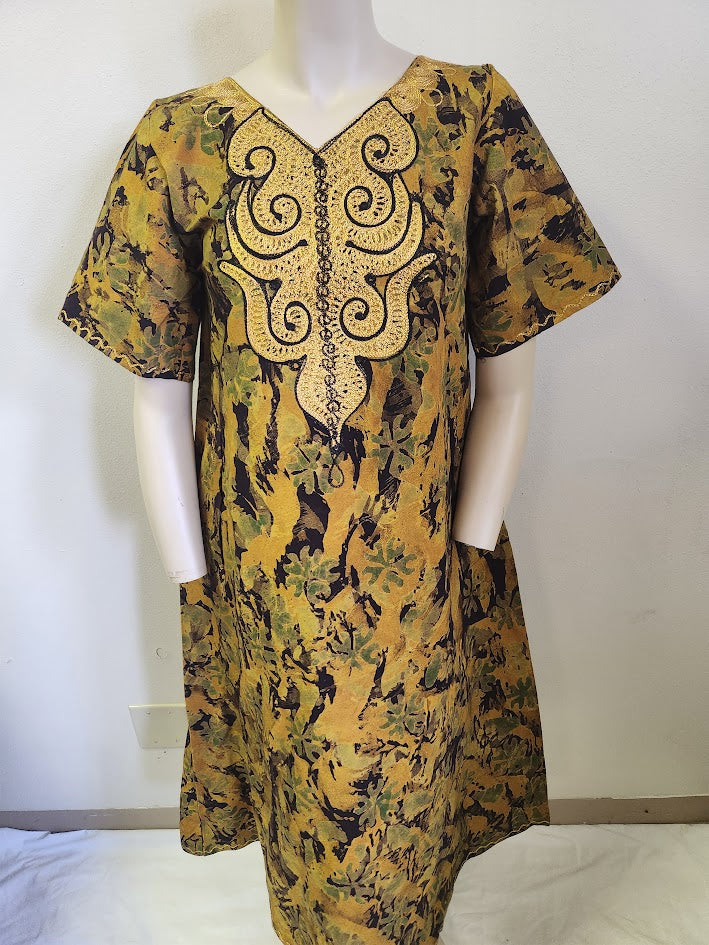 Handprinted, Embroidered Free Size Dress from Dar-Es-Salaam, Tanzania, East Africa. Price includes Postage
