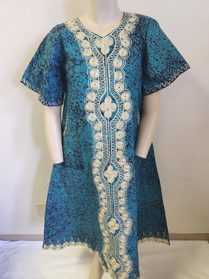 Handprinted, Embroidered Free Size Dress from Dar-Es-Salaam, Tanzania, East Africa. Price includes Postage