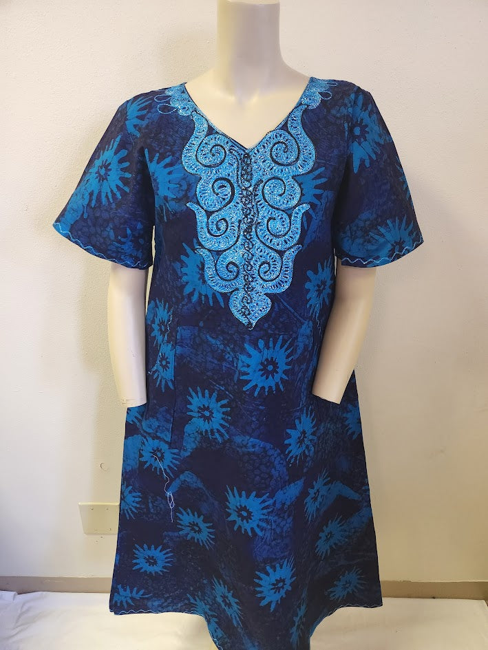 Handprinted, Embroidered Free Size Dress from Dar-Es-Salaam, Tanzania, East Africa. Price includes Postage