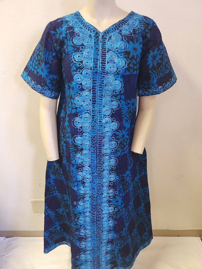 Handprinted, Embroidered Free Size Dress from Dar-Es-Salaam, Tanzania, East Africa. Price includes Postage