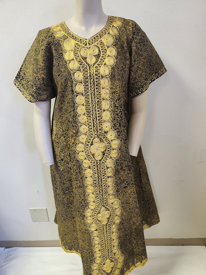 Handprinted, Embroidered Free Size Dress from Dar-Es-Salaam, Tanzania, East Africa. Price includes Postage