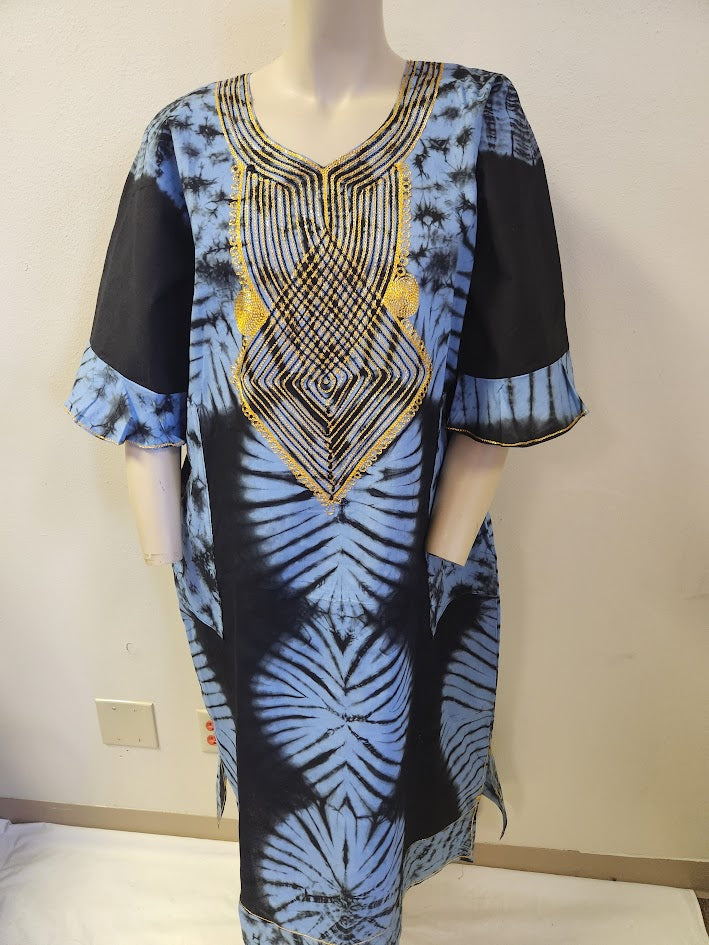 Handprinted, Embroidered Free Size Dress from Dar-Es-Salaam, Tanzania, East Africa. Price includes Postage