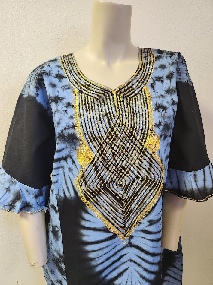 Handprinted, Embroidered Free Size Dress from Dar-Es-Salaam, Tanzania, East Africa. Price includes Postage