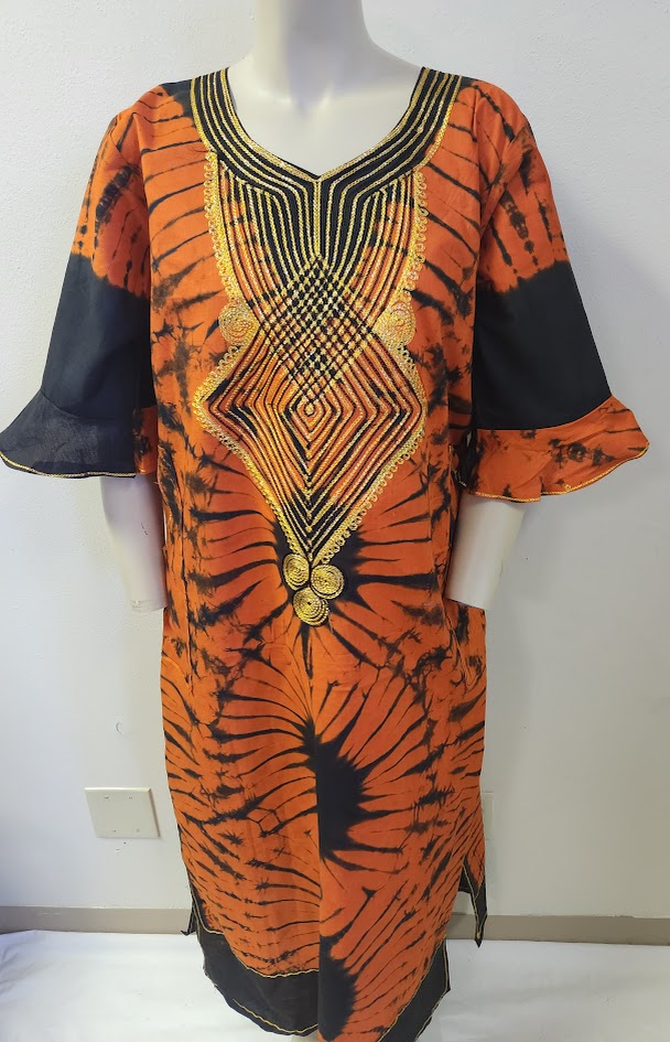 Handprinted, Embroidered Free Size Dress from Dar-Es-Salaam, Tanzania, East Africa. Price includes Postage
