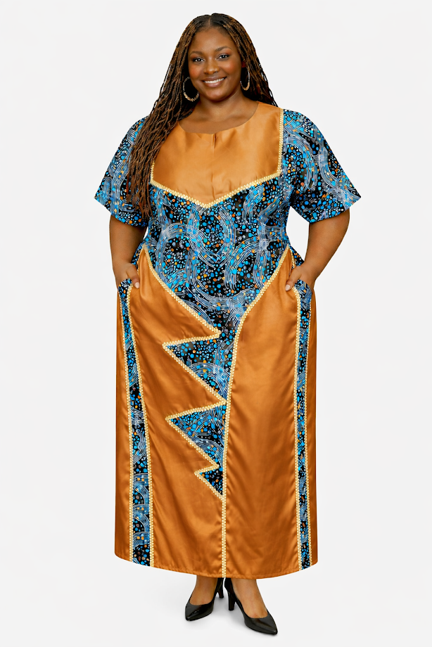 Handmade Satin & Ankara Long Dress with Pockets - Free Size 2XL - 4XL