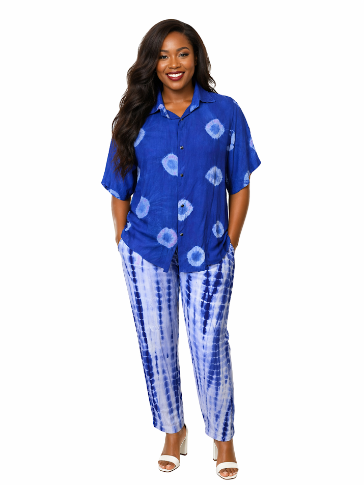 African One-of-A-kind Handmade Viscose Batik Pants Set from Tanzania. Size L-XL2