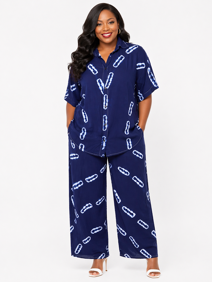 African One-of-A-kind Handmade Viscose Batik Pants Set from Tanzania. Size L-XL2
