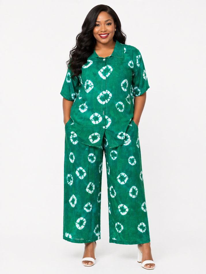 African One-of-A-kind Handmade Viscose Batik Pants Set from Tanzania. Size L-XL2