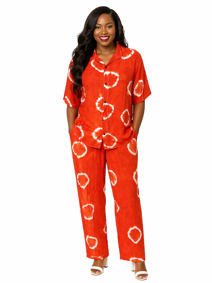 African One-of-A-kind Handmade Viscose Batik Pants Set from Tanzania. Size L-XL2