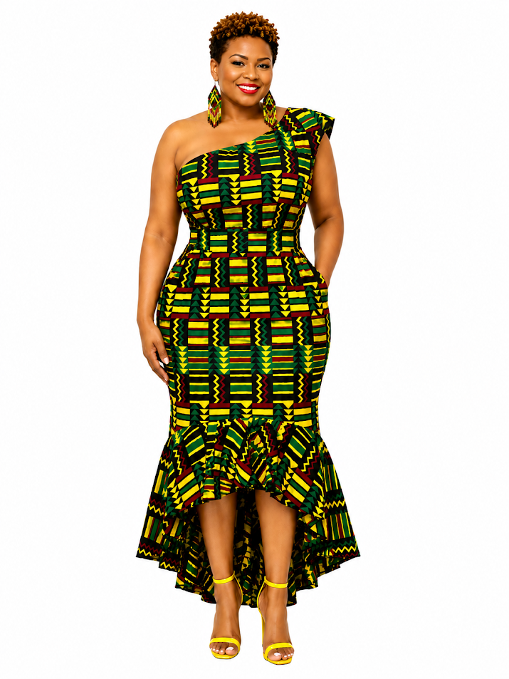 One of a Kind One Shoulder African Kente Dress No Pockets, Lined- For Special Ocassion