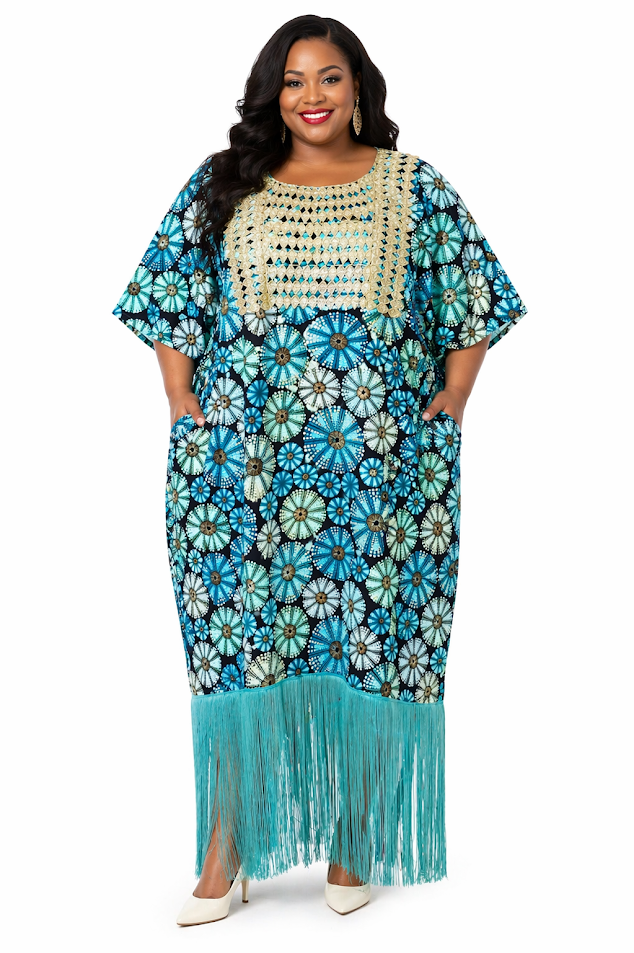 One of a Kind Handmade Free Size Dressy Long Ankara with Fringes & Pockets- Free Size L-3XL