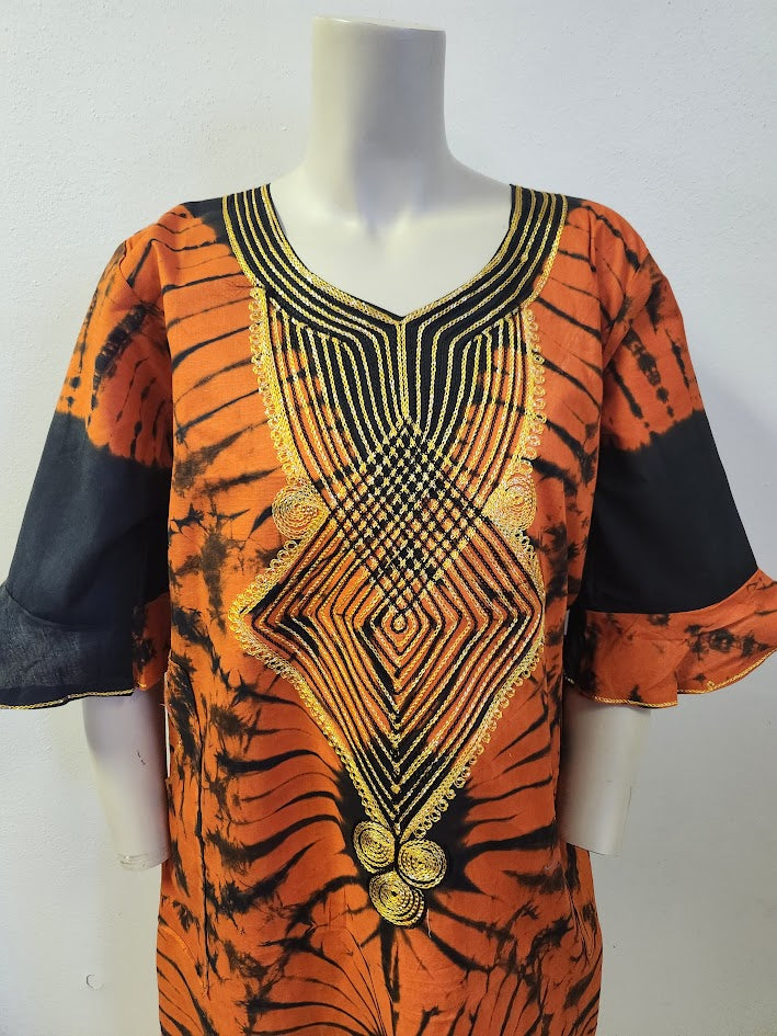 Handprinted, Embroidered Free Size Dress from Dar-Es-Salaam, Tanzania, East Africa. Price includes Postage