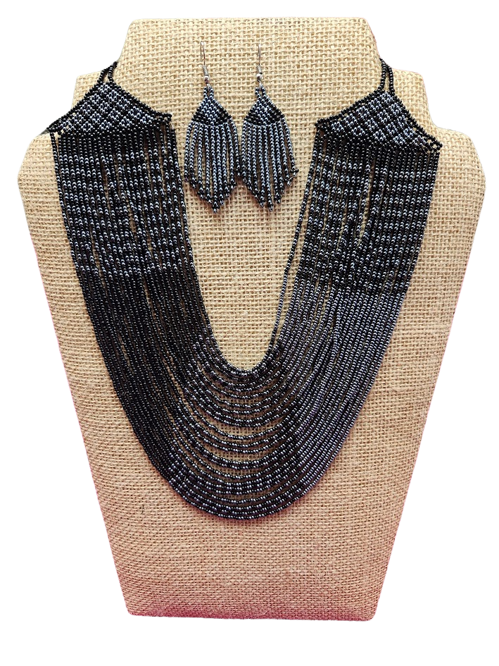 African Beaded Necklace Sibaya Black Metallic Grey