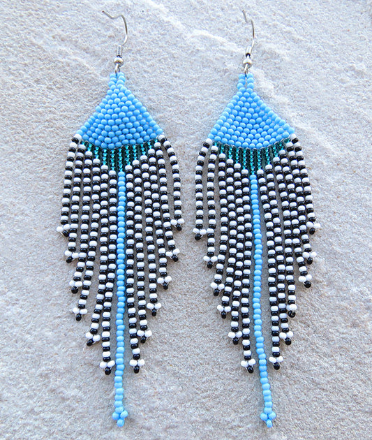 African Beaded Earrings Long Tassel Blue Jade Black White