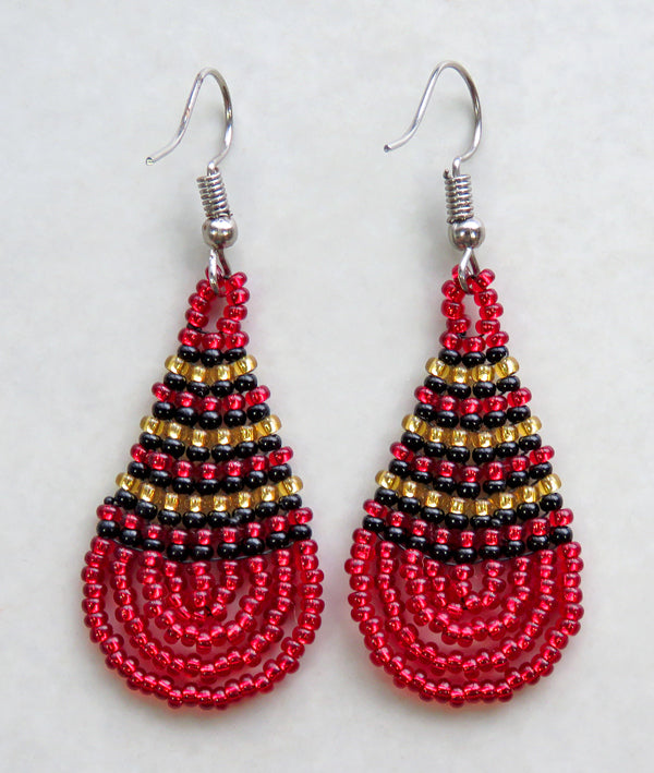 Small Beaded Ear Rings Teardrop Red Black Gold