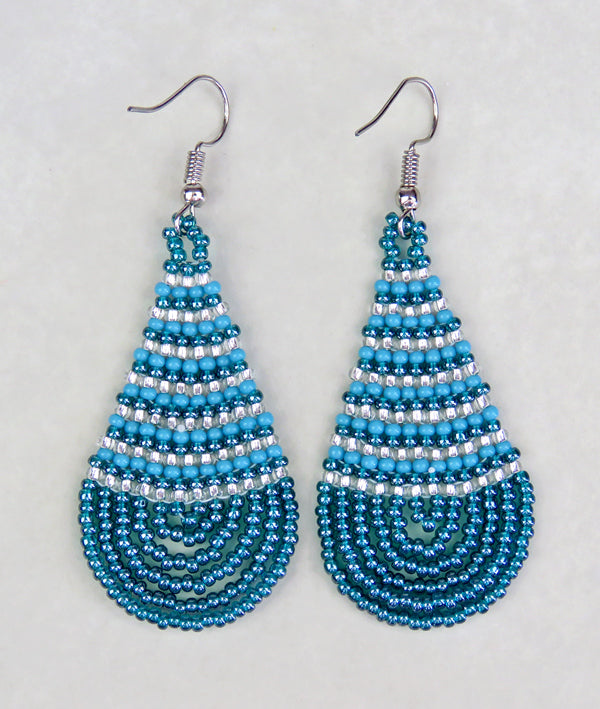 Small Beaded Ear Rings Teardrop Shiny Turquoise Silver Aqua