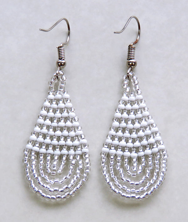 Small Beaded Ear Rings Teardrop Silver White