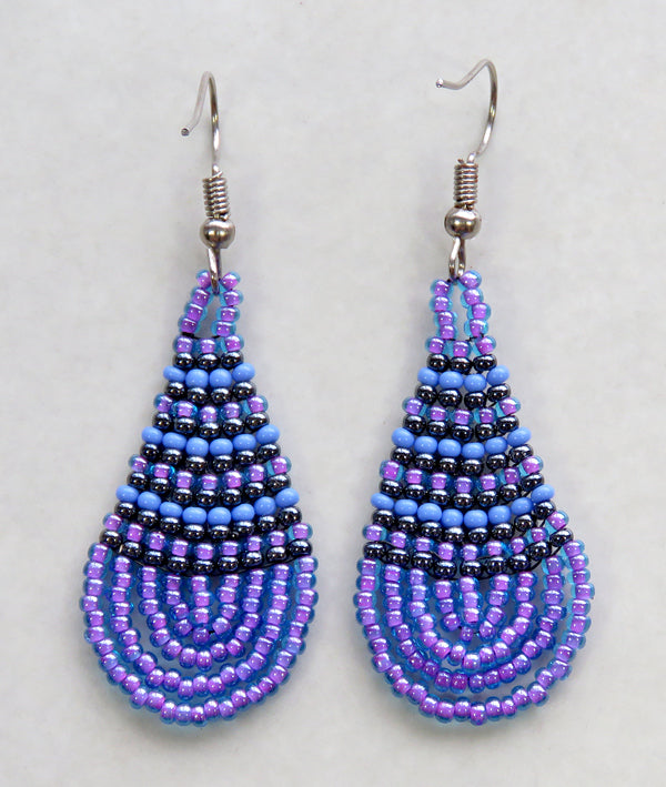 Small Beaded Ear Rings Teardrop Lillac Blue Metallic