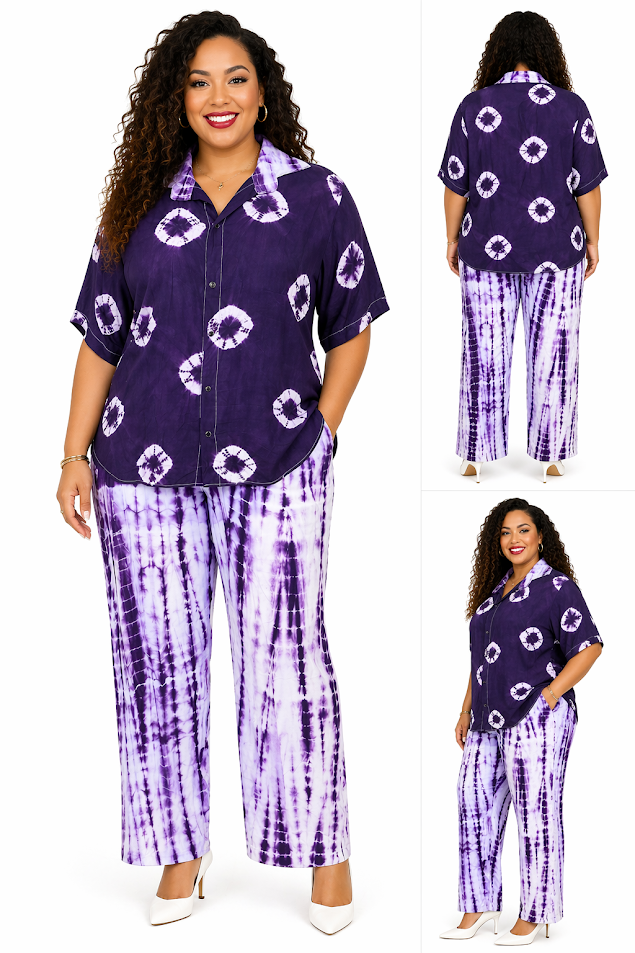 African One-of-A-kind Handmade Viscose Batik Pants Set from Tanzania. Size L-XL2