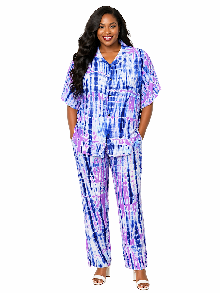 African One-of-A-kind Handmade Viscose Batik Pants Set from Tanzania. Size L-XL2