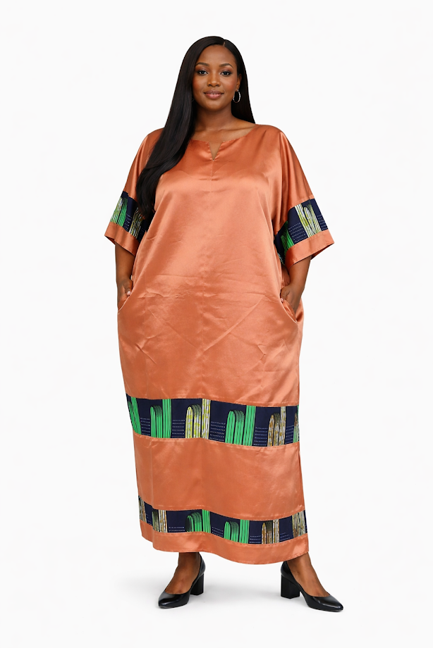 Handmade Satin & Ankara Long Dress with Pockets - Free Size 2XL - 4XL