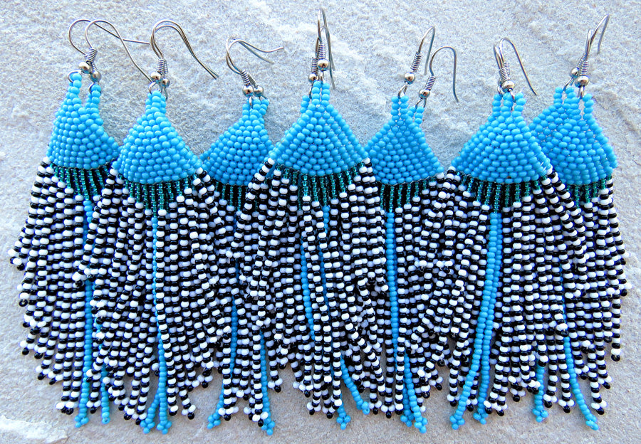 African Beaded Earrings Long Tassel Blue Jade Black White
