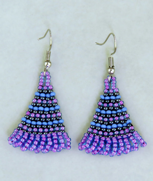 African Beaded Earrings Zulu Triangle Lilac Blue Metallic Grey