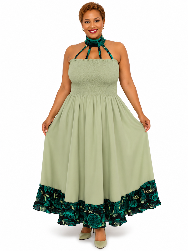African Ankara & Solid Color Special Ocassion Dress With Pockets- Free Size Designed and Handmade by Silvia Kinjui Oisso