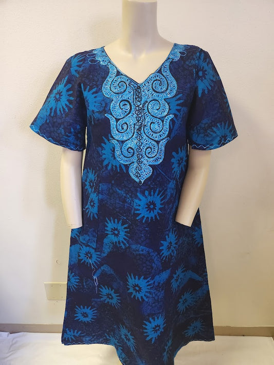 Handprinted, Embroidered Free Size Dress from Dar-Es-Salaam, Tanzania, East Africa. Price includes Postage