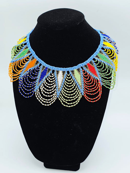 Zulu Spear Fringe Necklace - African colours- Sky Blue Neck Edge