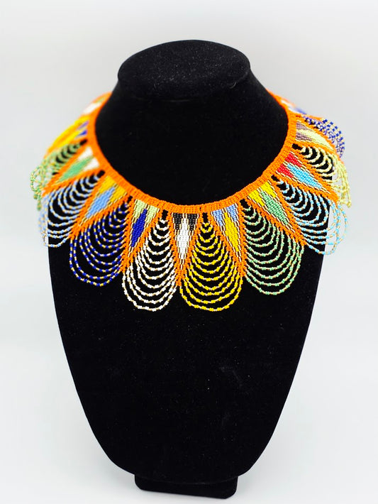 Zulu Spear Fringe Necklace African Colors - Orange Neck Edge