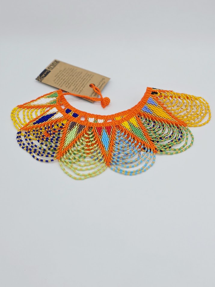 Zulu Spear Fringe Necklace African Colors - Orange Neck Edge