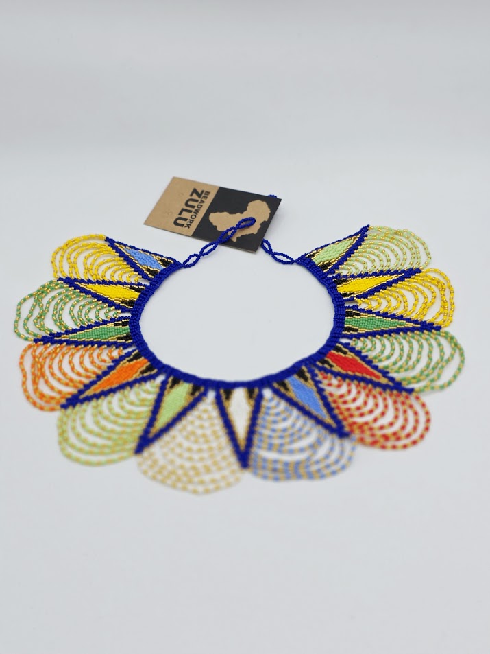 Zulu Spear Fringe Necklace - African colour -Blue Neck Edge