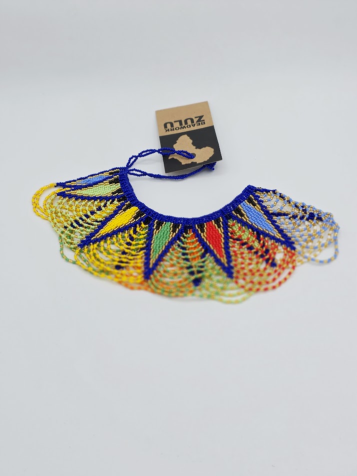 Zulu Spear Fringe Necklace - African colour -Blue Neck Edge