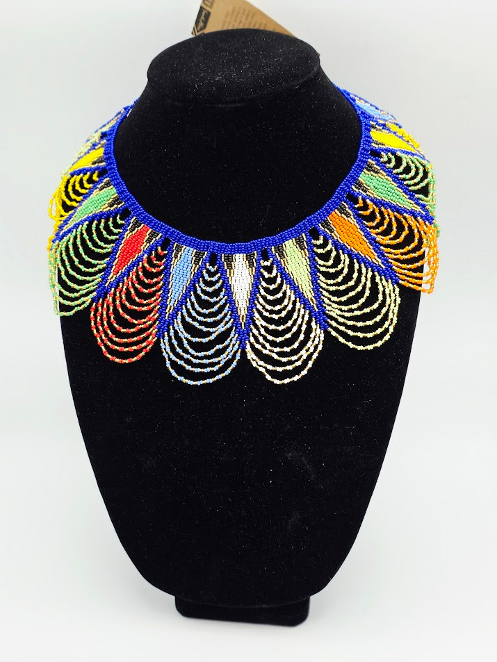 Zulu Spear Fringe Necklace - African colour -Blue Neck Edge