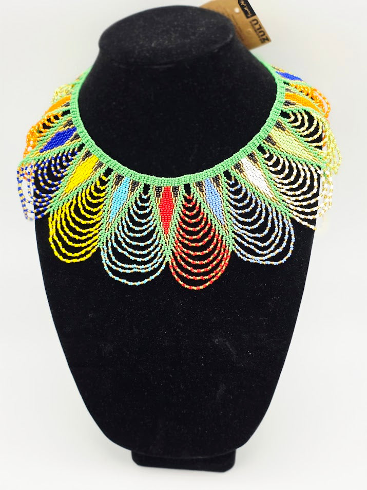 Zulu Spear Fringe Necklace - African colour -Green Neck Edge