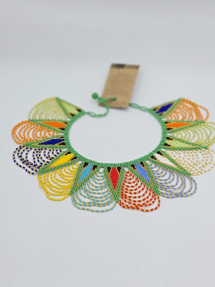 Zulu Spear Fringe Necklace - African colour -Green Neck Edge