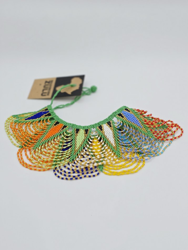 Zulu Spear Fringe Necklace - African colour -Green Neck Edge