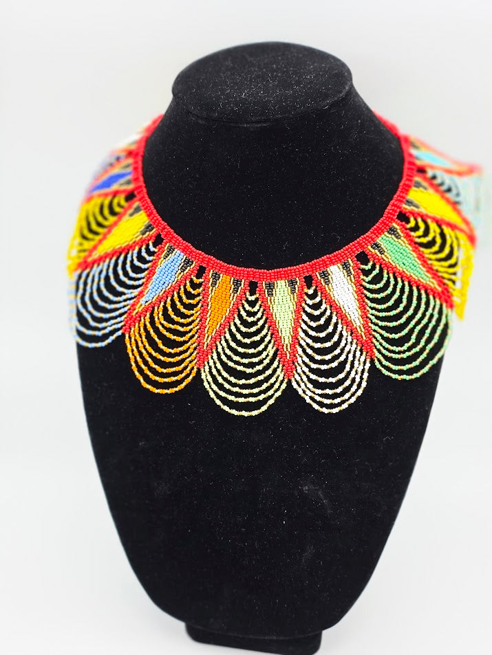 Zulu Spear Fringe Necklace African Colors - Red Neck Edge