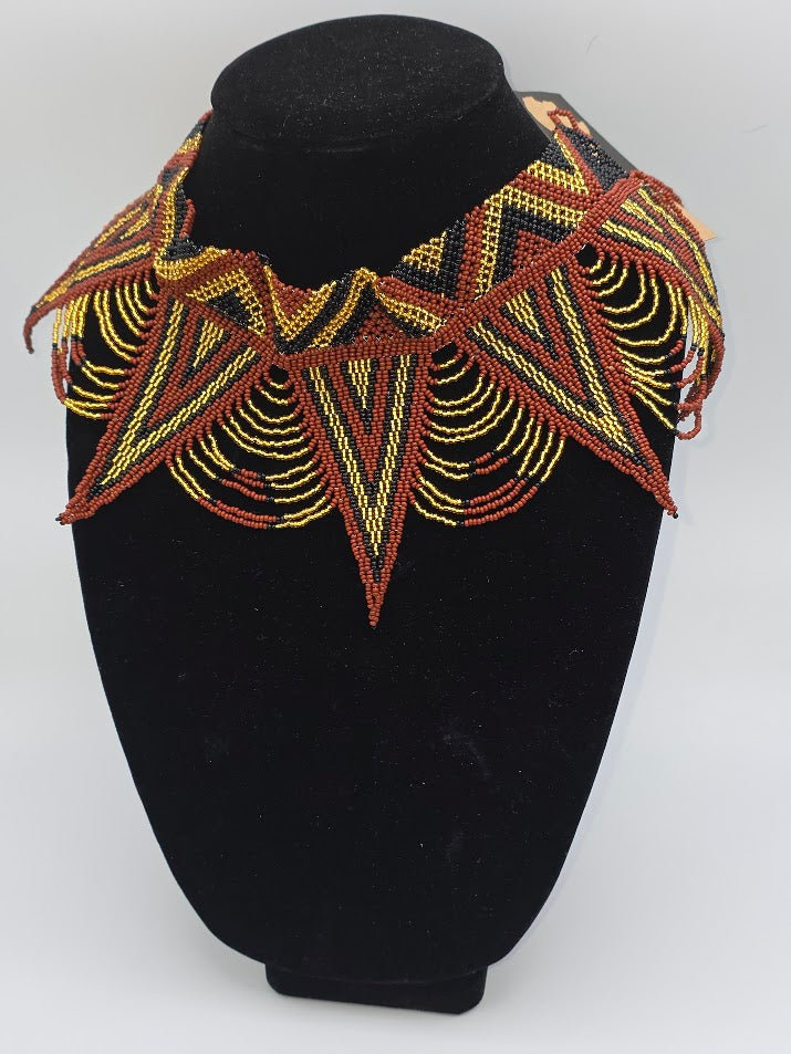 African Beaded Necklace Zulu Spear Choker Gold, Brown Black