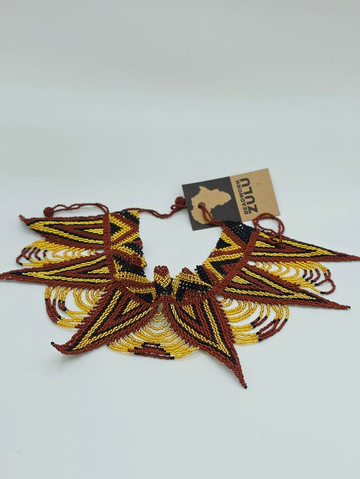 African Beaded Necklace Zulu Spear Choker Gold, Brown Black