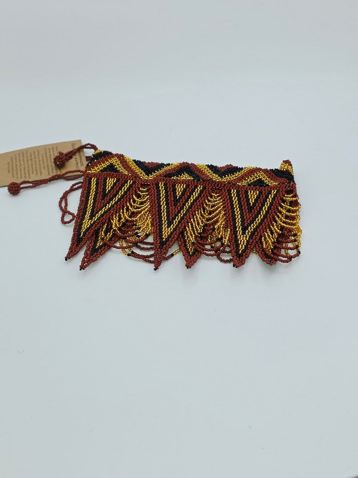 African Beaded Necklace Zulu Spear Choker Gold, Brown Black